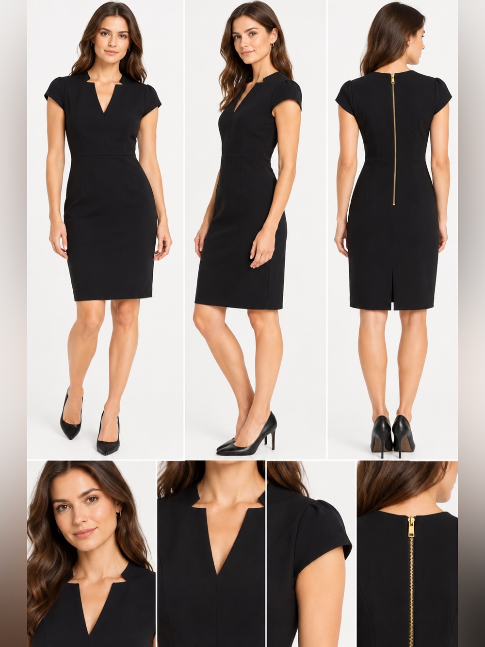 NWT Vince Camuto Black V-Neck Sheath Dress Gold Zip Size 12